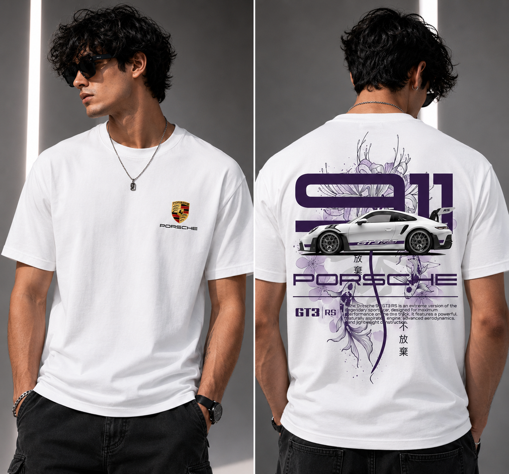 Porsche 911 GT3 RS Oversized T-Shirt – Premium 100% Cotton Graphic Tee (White)