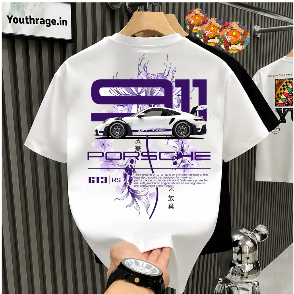 Porsche 911 GT3 RS Oversized T-Shirt – Premium 100% Cotton Graphic Tee (White)