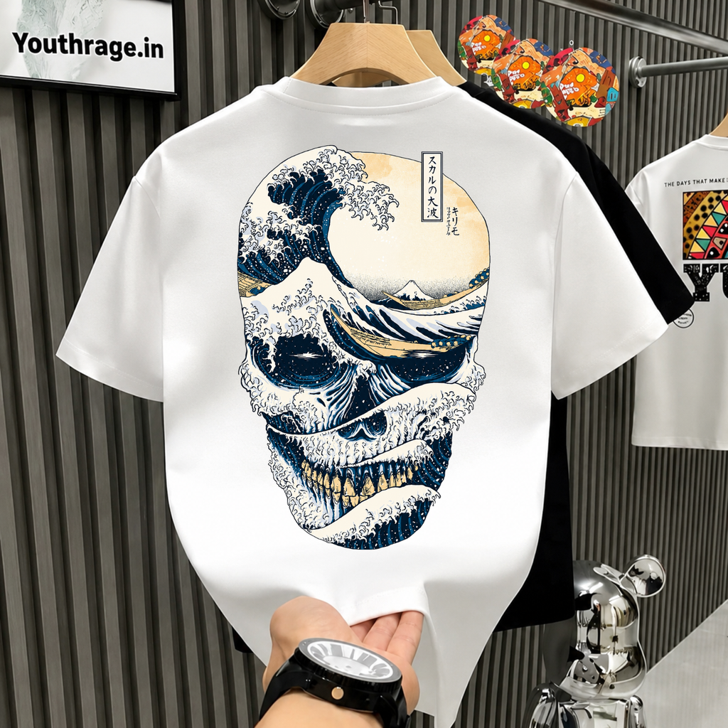 Great Wave Skull Graphic Oversized T-Shirt – Japanese Aesthetic Streetwear |